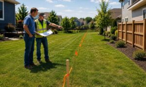 A homeowner and land surveyor checking the property line before building a residential fence