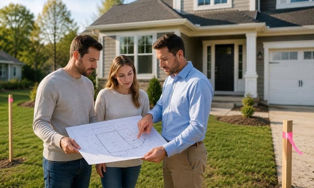 Homebuyers reviewing a property survey before purchasing a home