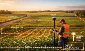 Professional land surveyor conducting an ALTA survey on farmland, mapping property boundaries, easements, drainage tile, and survey markers before closing on rural acreage