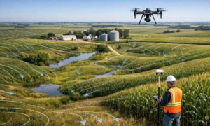Drone and GPS topographic survey of farmland showing elevation contours and water flow before drainage tile installation