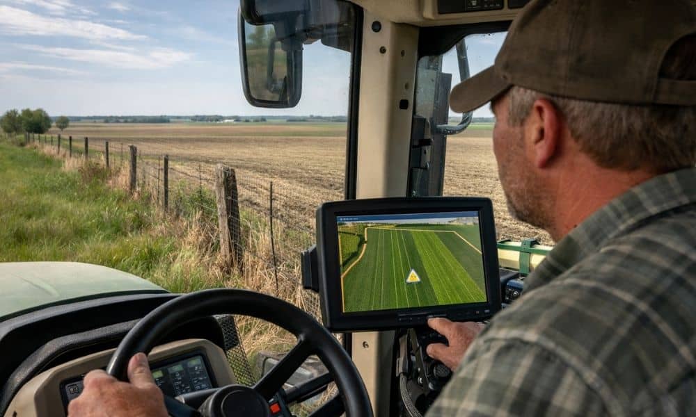 Farmer viewing GPS guidance screen while comparing field boundary with a fence line