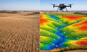 Split-screen comparison of a harvested Iowa field and a drone LiDAR elevation map showing hidden low spots and water flow paths for mapping farmland drainage patterns