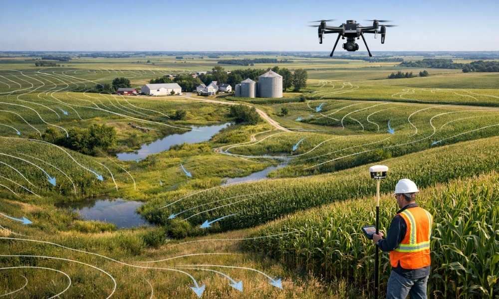 Drone and GPS topographic survey of farmland showing elevation contours and water flow before drainage tile installation