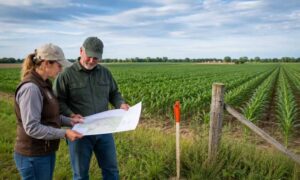 Landowner and tenant reviewing a farm map beside a field boundary before leasing farmland