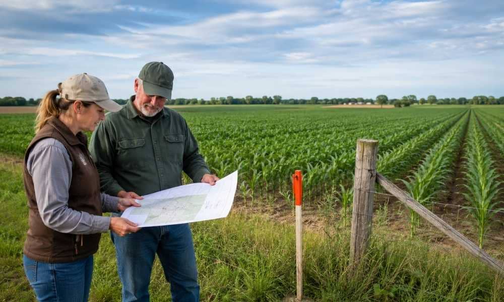 Landowner and tenant reviewing a farm map beside a field boundary before leasing farmland