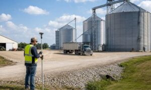 Grain bin topographic survey - ALTA SURVEY Iowa Surveyor completing a topographic survey at a grain bin site with truck access, storage bins, and surrounding farm features