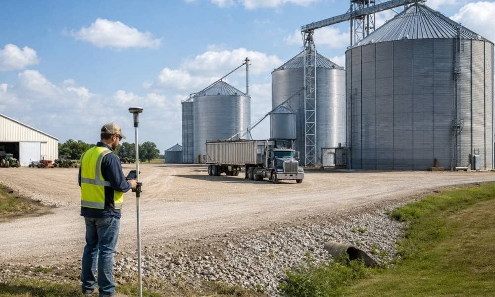 Grain bin topographic survey - ALTA SURVEY Iowa Surveyor completing a topographic survey at a grain bin site with truck access, storage bins, and surrounding farm features